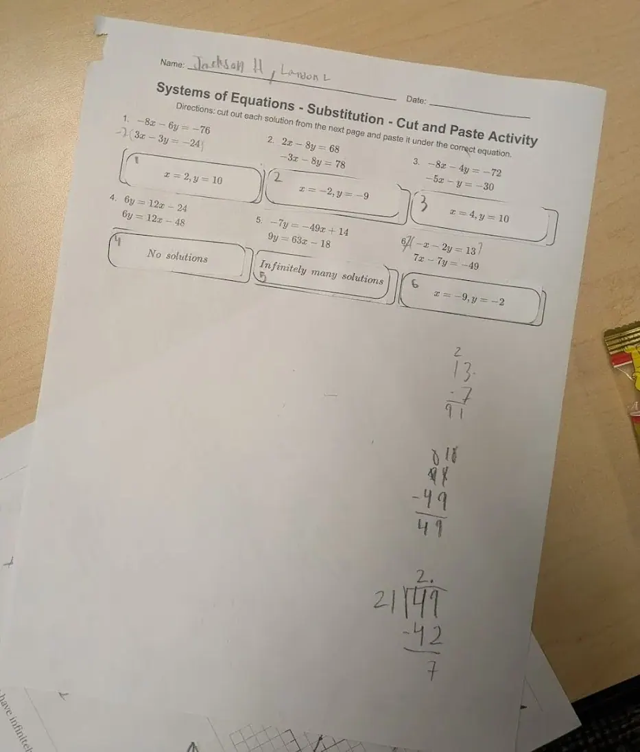 Student worksheet from a collaborative cut and paste activity