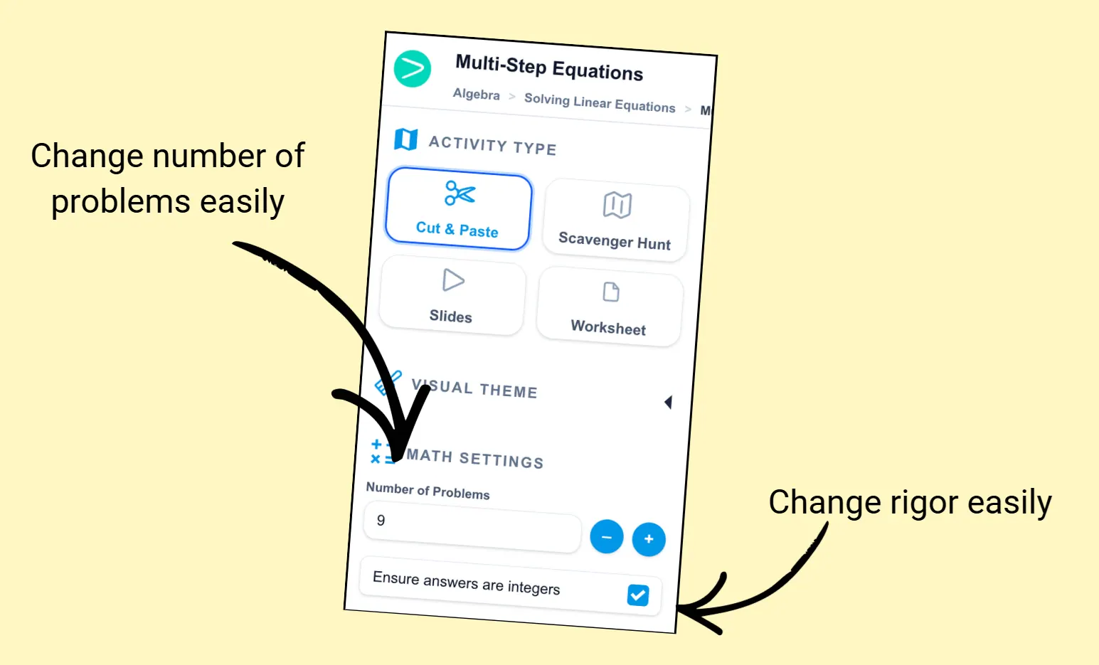 Cut and paste settings panel showing easy control of problem count and rigor