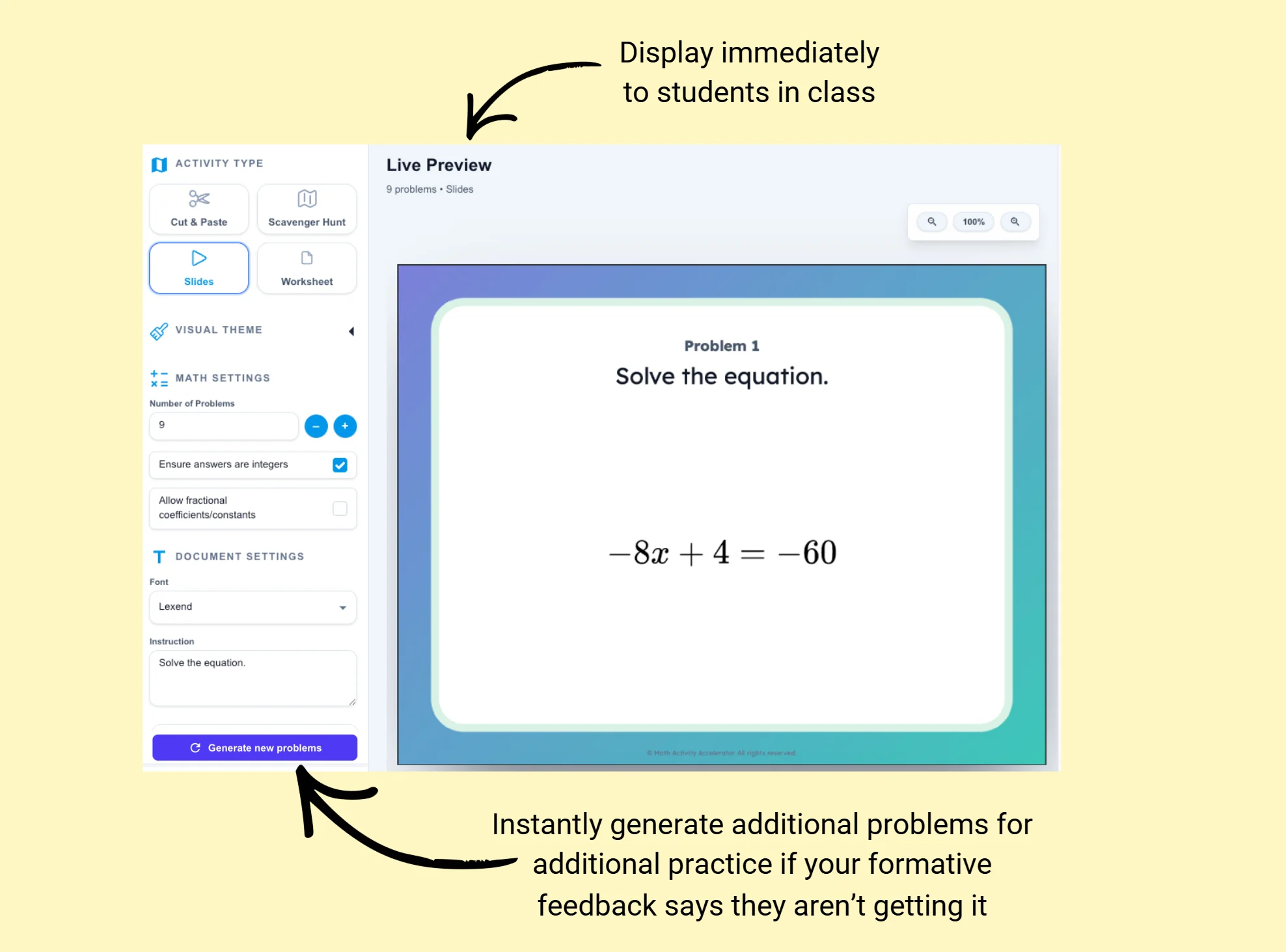 Slides view showing instant display and regenerate controls for formative assessment