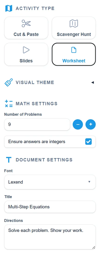 Worksheet settings panel showing activity type, math settings, and document settings
